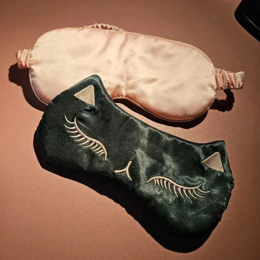 Set of 2 Satin Sleep Mask Pink  and Forest Green Super Cute Cat Embroidery